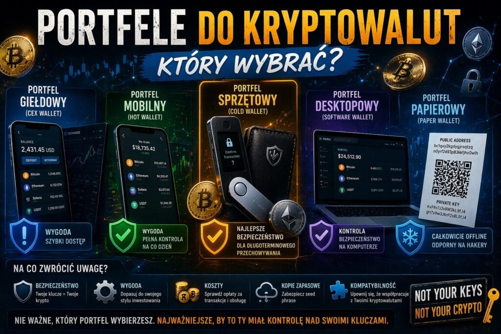 Infografika pokazująca rodzaje portfeli do kryptowalut, w tym portfel giełdowy, mobilny, sprzętowy, desktopowy i papierowy