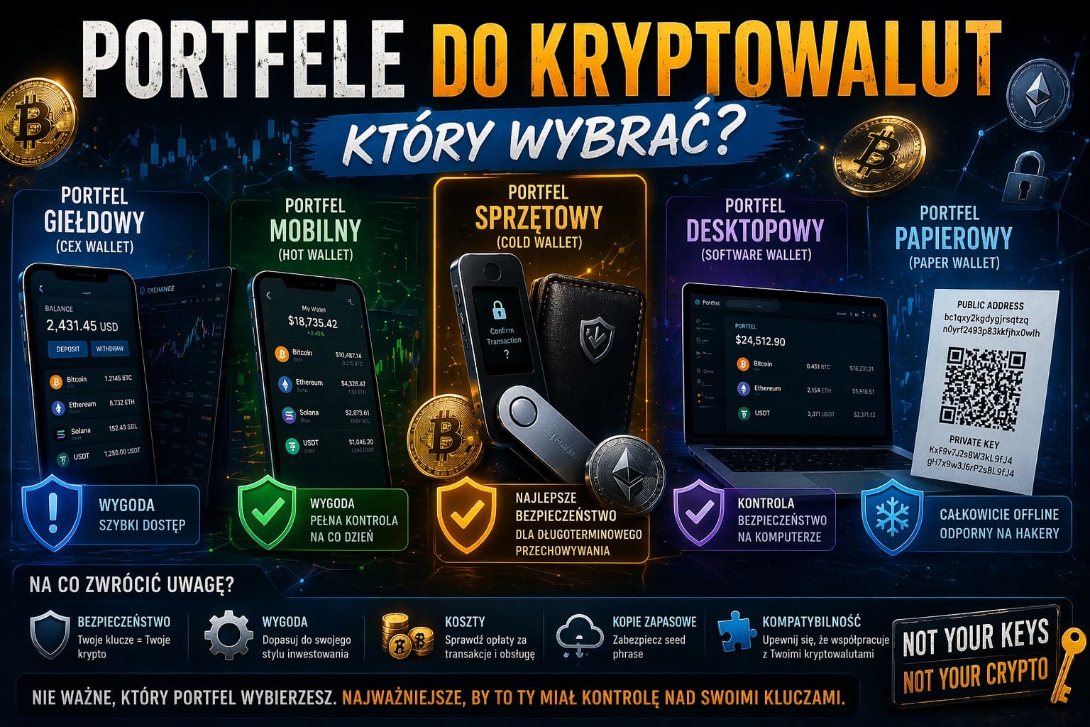 Infografika pokazująca rodzaje portfeli do kryptowalut, w tym portfel giełdowy, mobilny, sprzętowy, desktopowy i papierowy