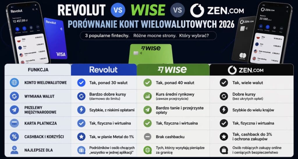 Porównanie Revolut vs Wise vs ZEN – które konto wybrać.