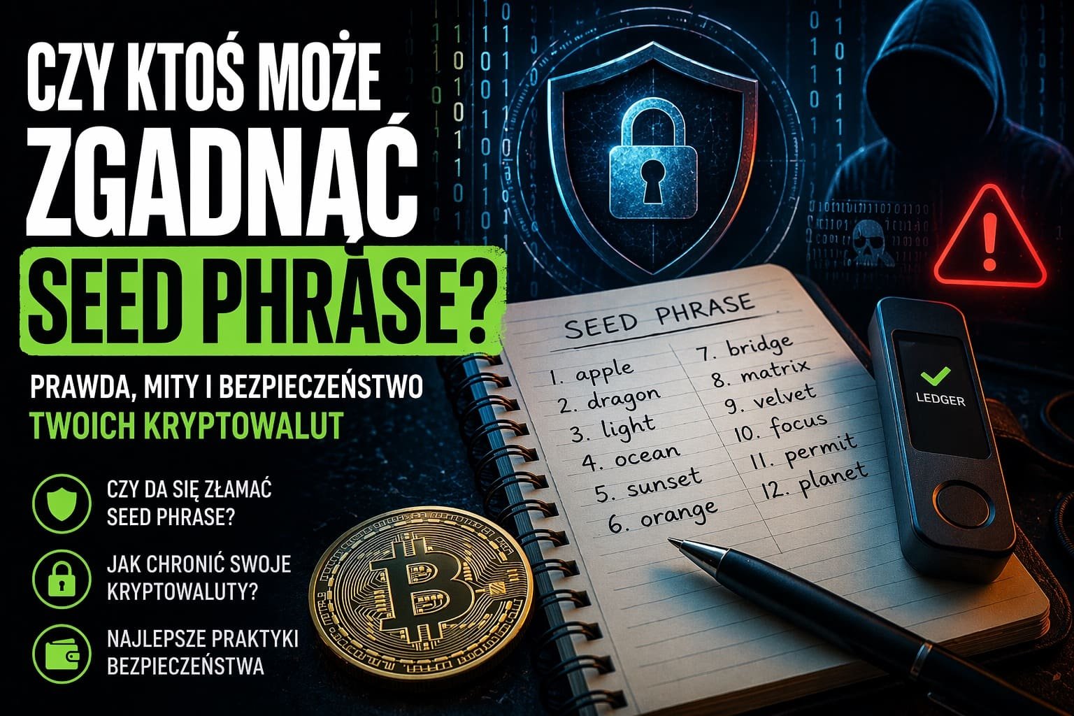 Ilustracja przedstawiająca seed phrase zapisane w notesie obok portfela sprzętowego i symbolu Bitcoina, na tle motywu cyberbezpieczeństwa.