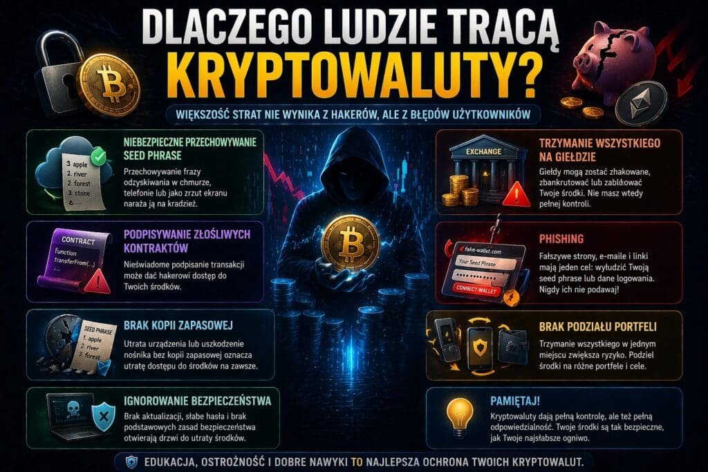 dlaczego ludzie tracą kryptowaluty – najczęstsze błędy użytkowników krypto takie jak phishing, giełdy, seed phrase w chmurze i brak kopii zapasowej