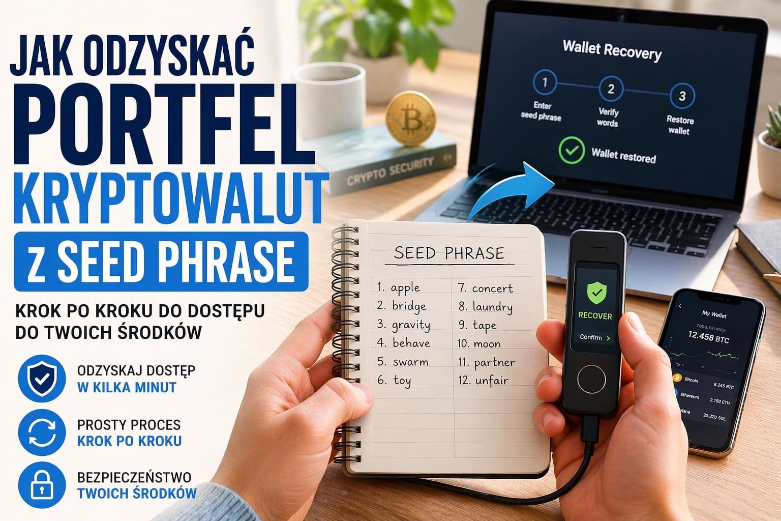 Odzyskiwanie portfela kryptowalut przy użyciu seed phrase zapisanej w notesie oraz portfela sprzętowego podłączonego do komputera.