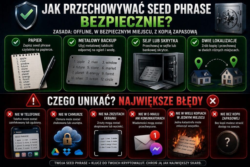 jak bezpiecznie przechowywać seed phrase kryptowalut offline papier metalowy backup portfela