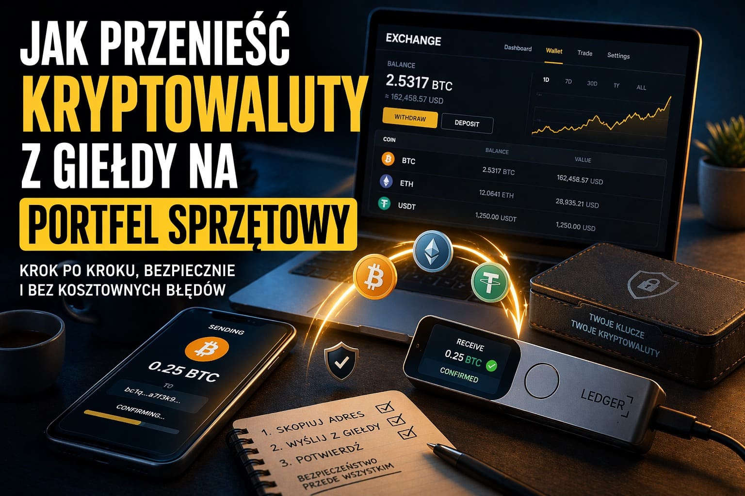 Przenoszenie kryptowalut z giełdy na portfel sprzętowy Ledger – schemat transferu Bitcoin, Ethereum i USDT na hardware wallet.