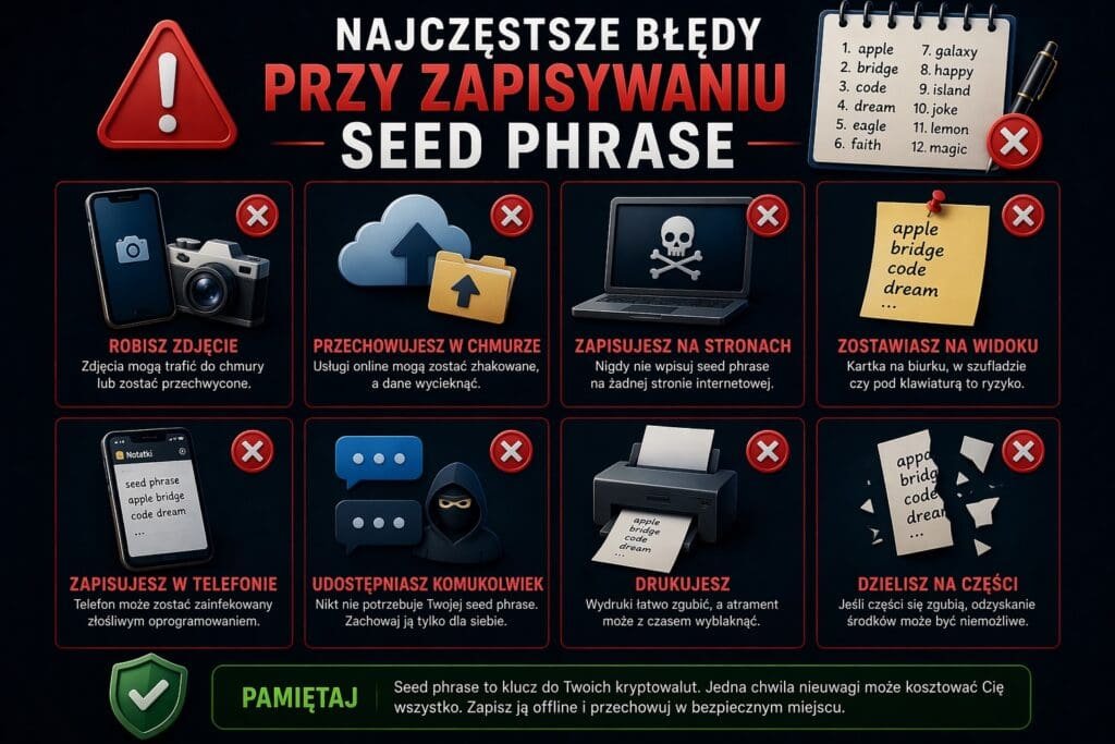 najczęstsze błędy przy przechowywaniu seed phrase w portfelach kryptowalut
