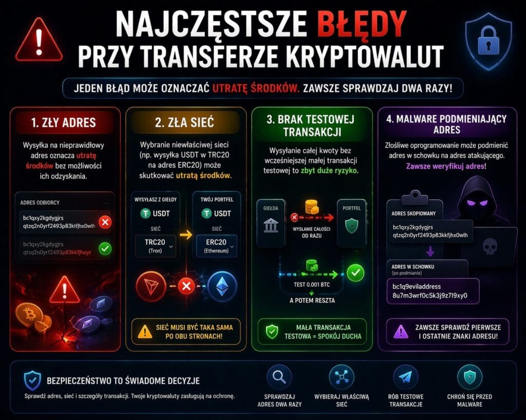 najczęstsze błędy przy transferze kryptowalut z giełdy na portfel
