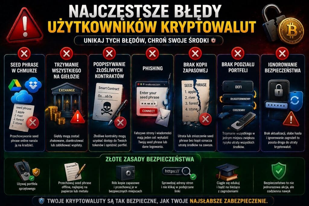 najczęstsze błędy użytkowników kryptowalut takie jak seed phrase w chmurze, phishing, trzymanie środków na giełdzie i brak kopii zapasowej