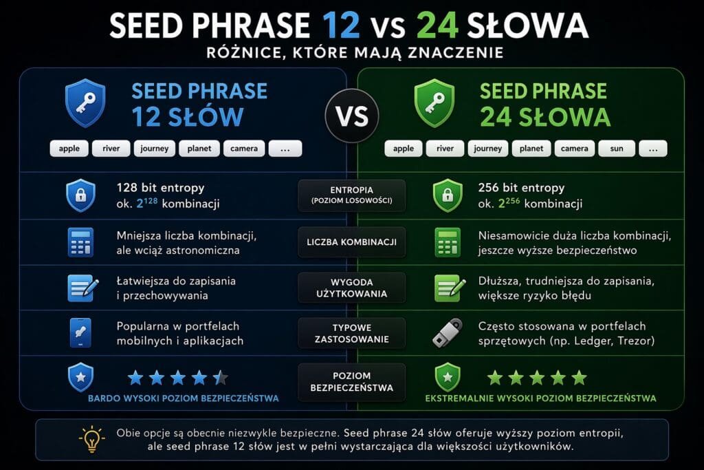 seed phrase 12 słów vs 24 słowa porównanie bezpieczeństwa