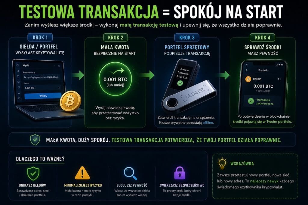 testowa transakcja kryptowalut wysyłka na portfel sprzętowy hardware wallet bezpieczeństwo