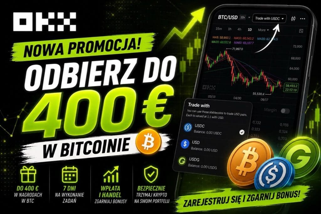 Promocja OKX 2026 do 400 euro w Bitcoinie za rejestrację, wpłatę i handel kryptowalutami krok po kroku.