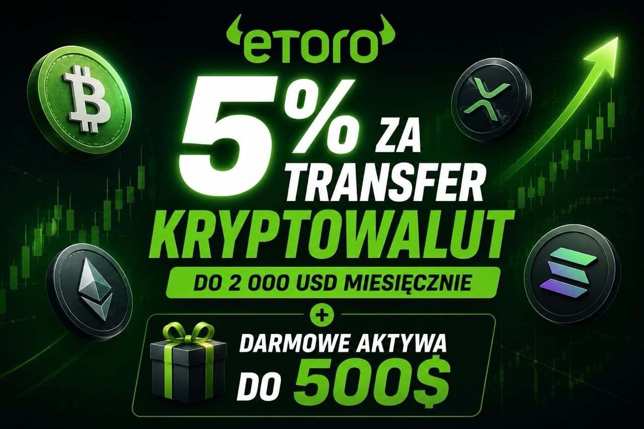 eToro – promocja 5% za transfer kryptowalut oraz do 500 USD w darmowych aktywach dla nowych użytkowników.