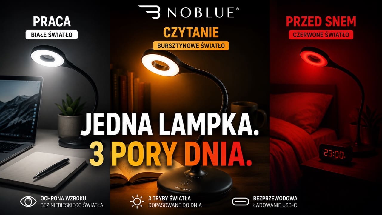 Lampka NoBlue Black z trzema trybami światła – białym do pracy, bursztynowym do czytania i czerwonym przed snem
