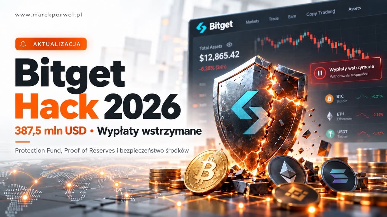 Grafika okładkowa przedstawiająca incydent Bitget w 2026 roku, pękniętą tarczę z logo giełdy oraz informację o 387,5 mln USD i wstrzymanych wypłatach.